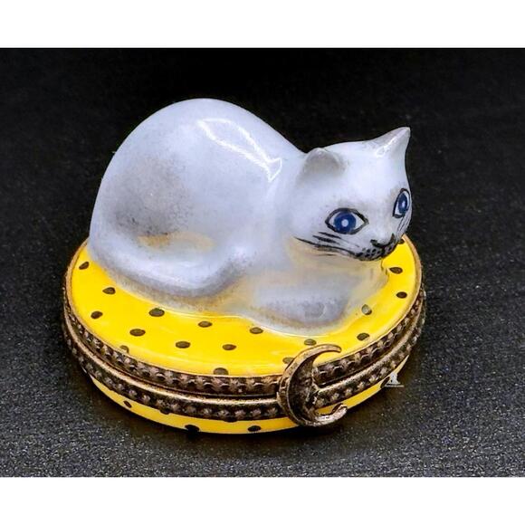 Authentic Limoges Happy Cat Peint Main Limoges Trinket Box Fishbowl Inside